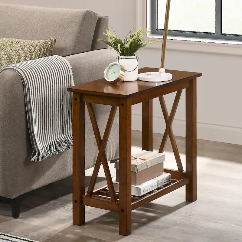 Farmhouse Faux Marble Side Table with Shelf - Dark Grey/White/Brown/Oak