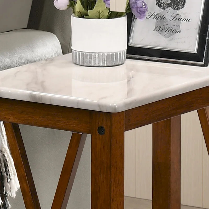 Farmhouse Faux Marble Side Table with Shelf - Dark Grey/White/Brown/Oak