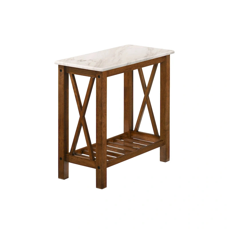 Farmhouse Faux Marble Side Table with Shelf - Dark Grey/White/Brown/Oak