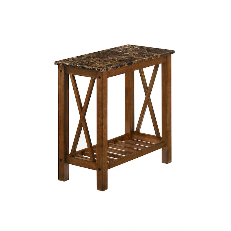 Farmhouse Faux Marble Side Table with Shelf - Dark Grey/White/Brown/Oak