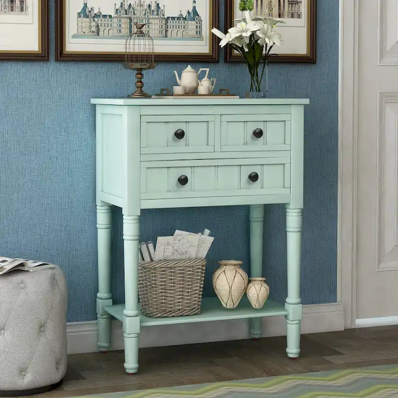 Narrow Console Table with 3 Drawers and Shelf - Distressed Finish