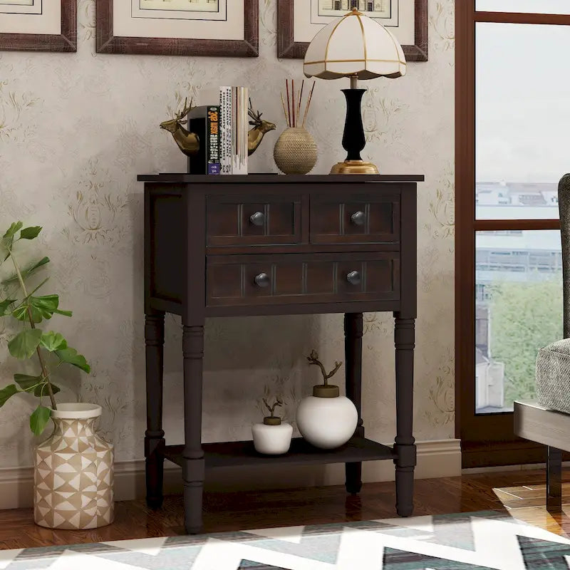 Narrow Console Table with 3 Drawers and Shelf - Distressed Finish