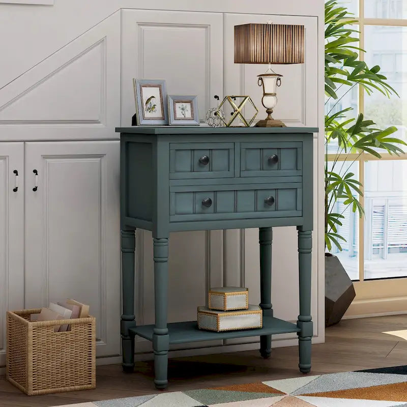 Narrow Console Table with 3 Drawers and Shelf - Distressed Finish