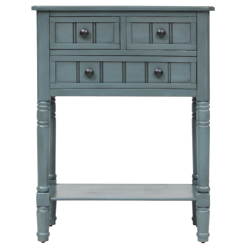 Narrow Console Table with 3 Drawers and Shelf - Distressed Finish