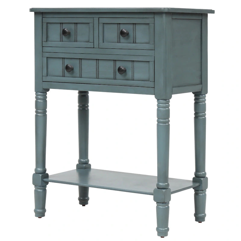Narrow Console Table with 3 Drawers and Shelf - Distressed Finish