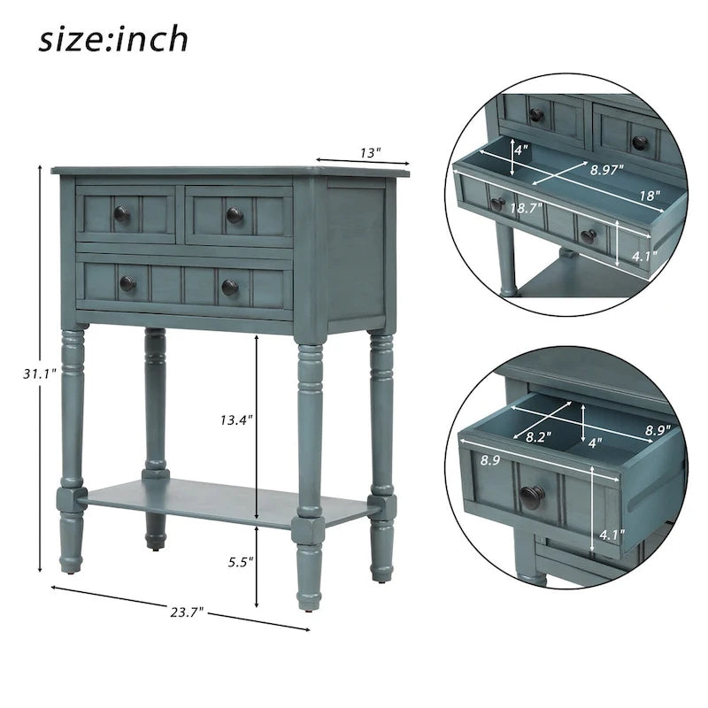 Narrow Console Table with 3 Drawers and Shelf - Distressed Finish