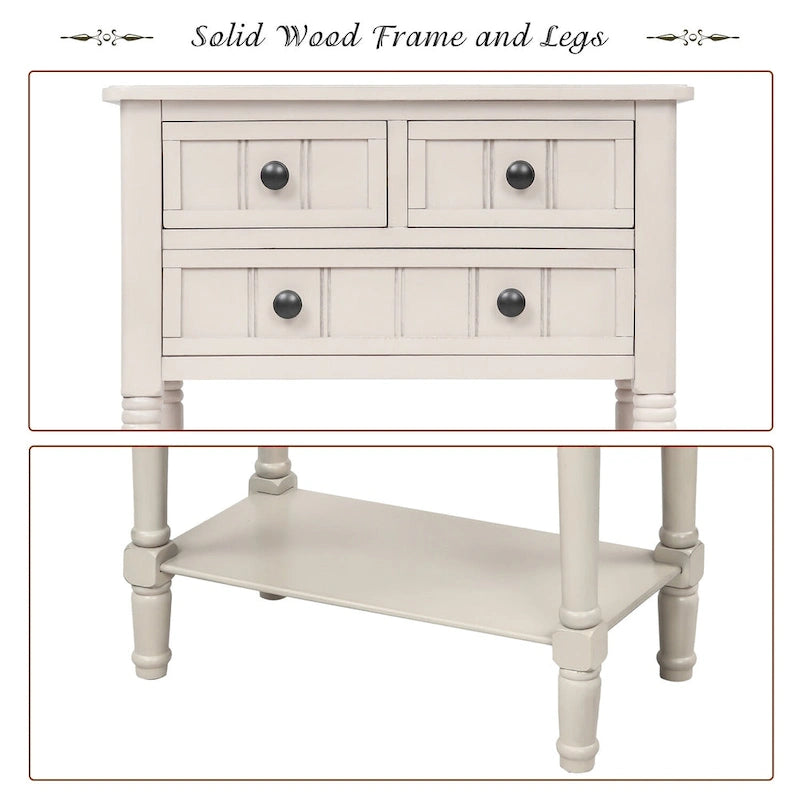 Narrow Console Table with 3 Drawers and Shelf - Distressed Finish