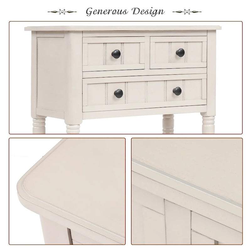 Narrow Console Table with 3 Drawers and Shelf - Distressed Finish