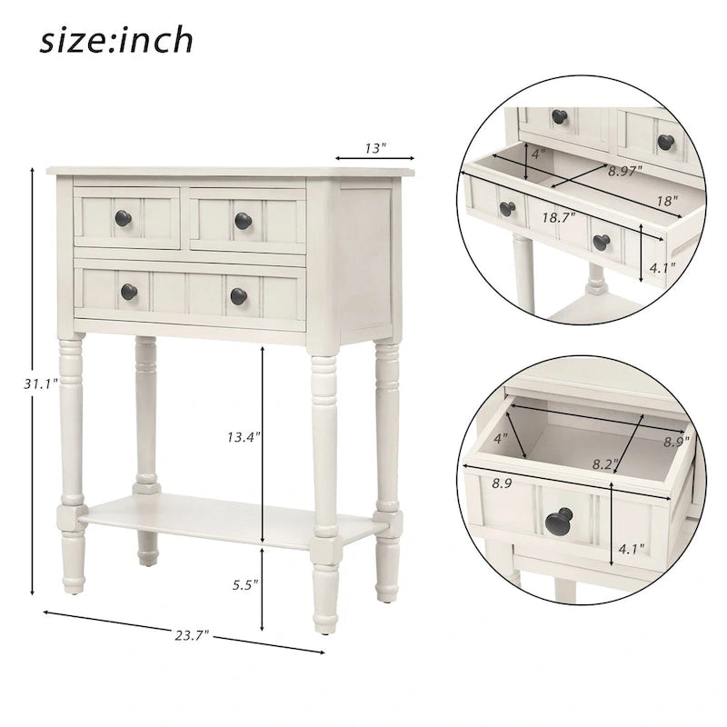 Narrow Console Table with 3 Drawers and Shelf - Distressed Finish