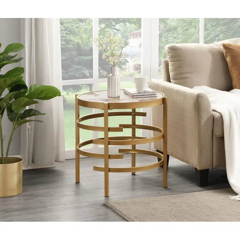 Modern Round End Table with Sintered Stone Top, Chrome/ Silver End Table for Living Room 20.67W x 20.67D x 21.65H