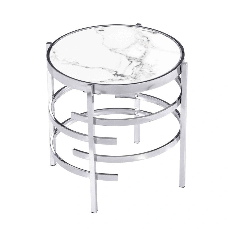 Modern Round End Table with Sintered Stone Top, Chrome/ Silver End Table for Living Room 20.67W x 20.67D x 21.65H