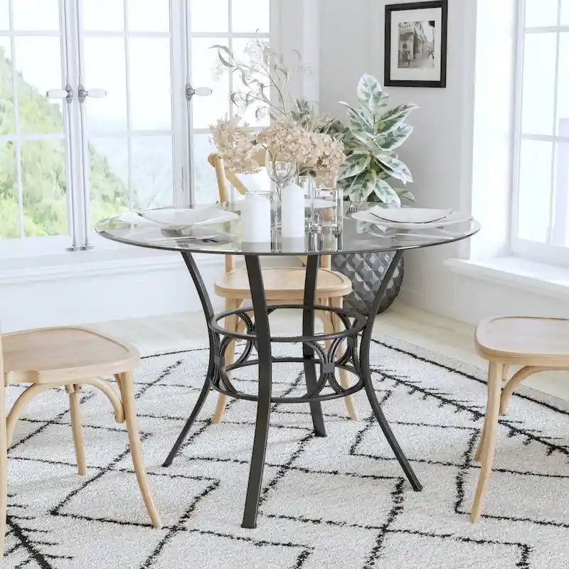 42 Round Glass Dining Table with Crescent Style Metal Frame