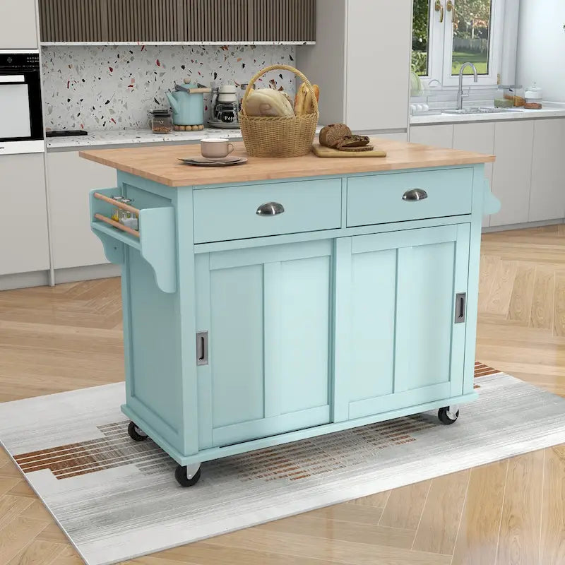 Kitchen Cart with Rubber wood Drop-Leaf Countertop, Concealed sliding barn door adjustable height,Kitchen Island on 4 Wheels