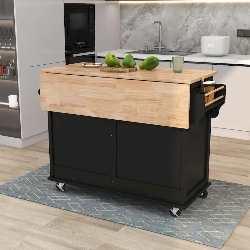 Kitchen Cart with Rubber wood Drop-Leaf Countertop, Concealed sliding barn door adjustable height,Kitchen Island on 4 Wheels