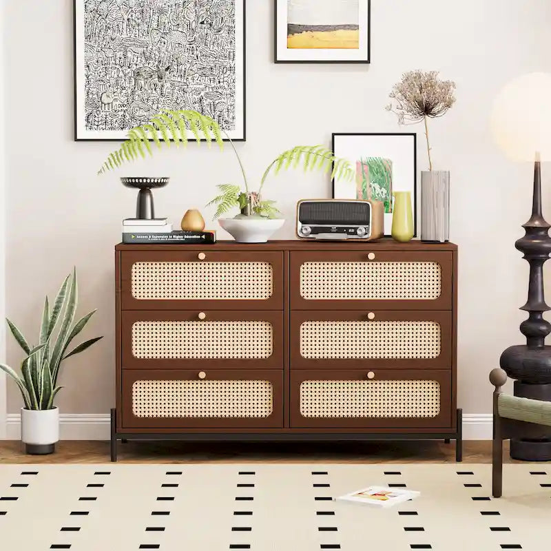 6-Drawer Rattan Wood Nightstand