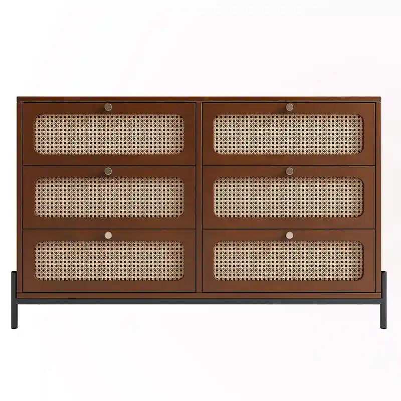 6-Drawer Rattan Wood Nightstand