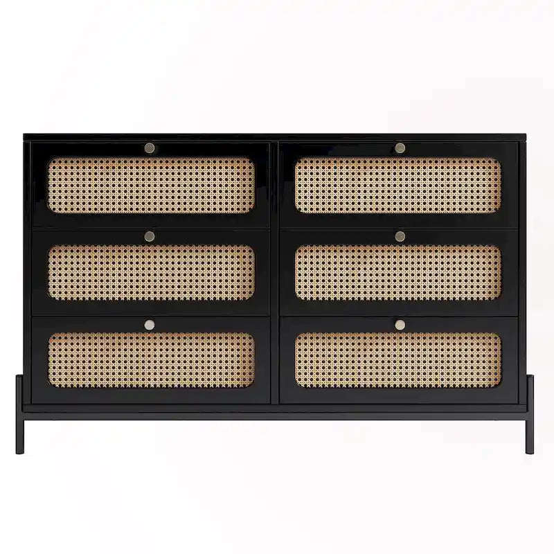 6-Drawer Rattan Wood Nightstand