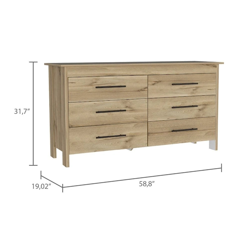 6 Drawer Double Dresser with Metal Pulls and Roller Guides