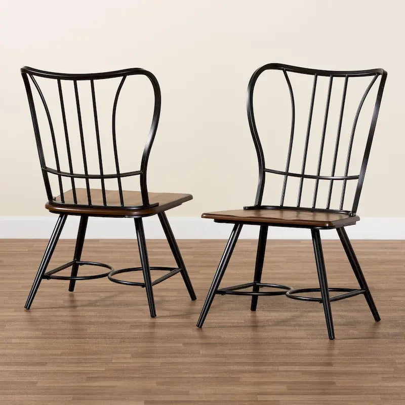 Black Metal and Dark Walnut Wood Dining Chairs