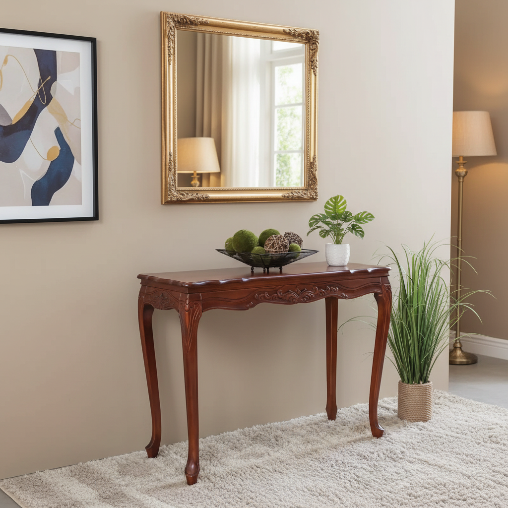 Hand-Carved Wood Console Table - Dual Walnut Stain