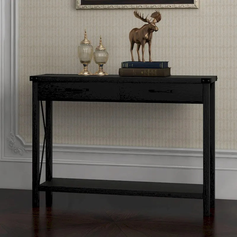 Narrow Console Table with 2 Drawers - Distressed Black