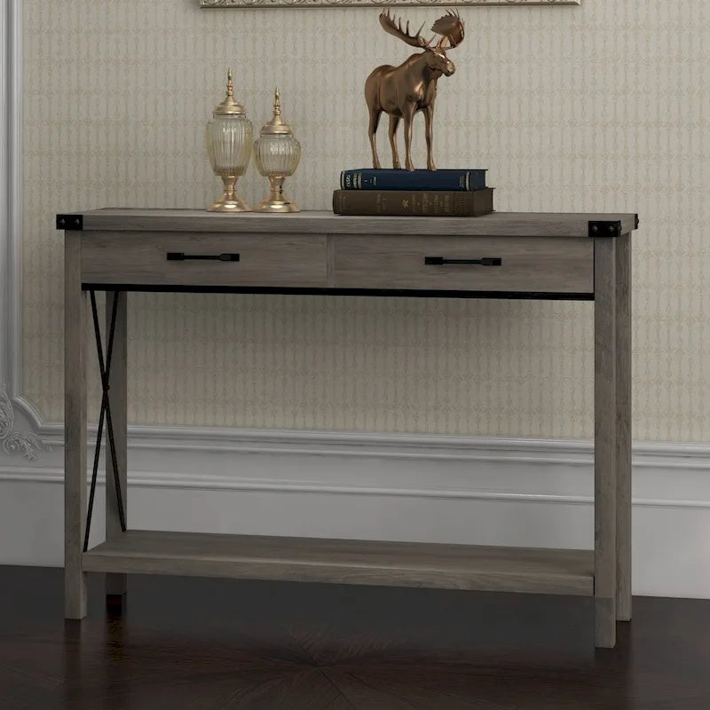 Narrow Console Table with 2 Drawers - Distressed Black