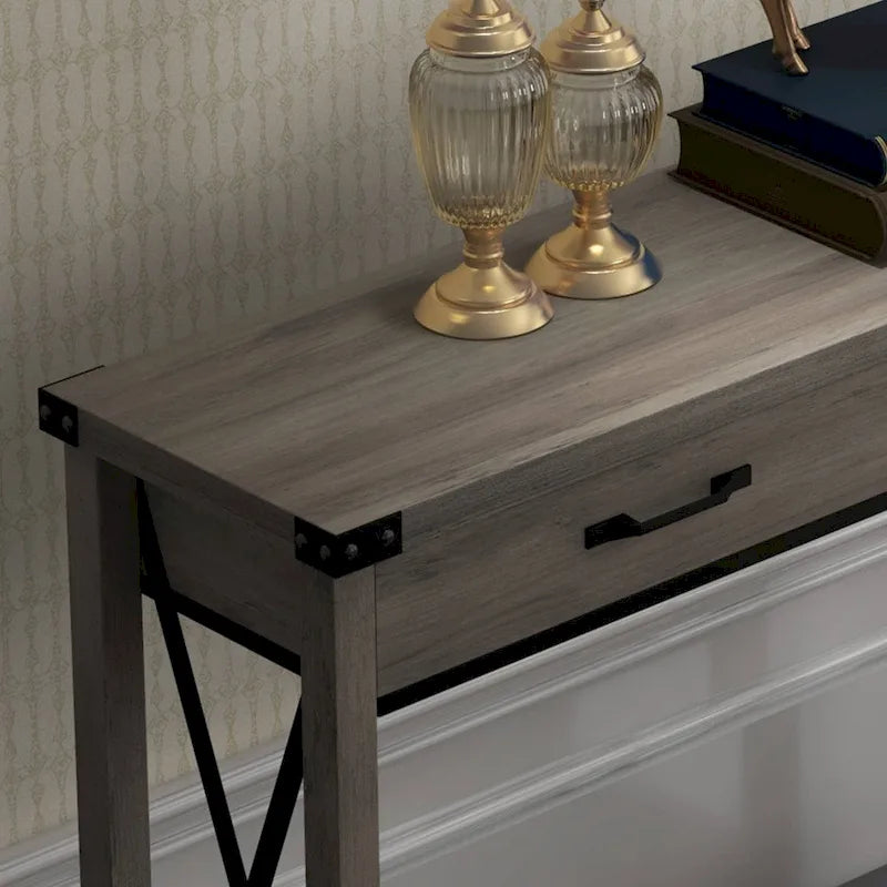 Narrow Console Table with 2 Drawers - Distressed Black