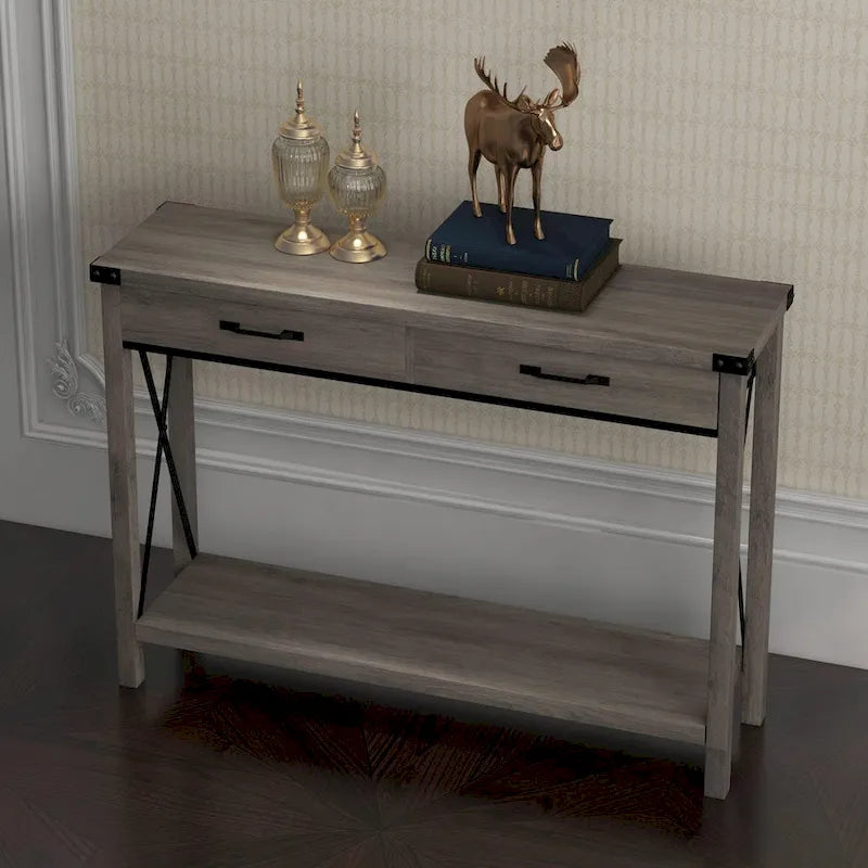 Narrow Console Table with 2 Drawers - Distressed Black