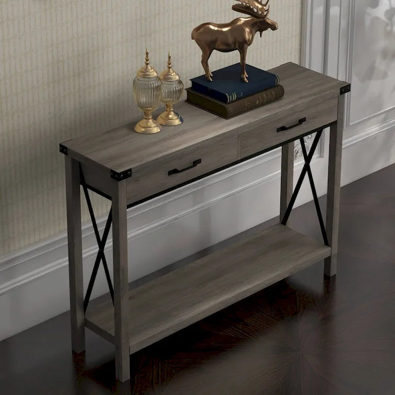 Narrow Console Table with 2 Drawers - Distressed Black