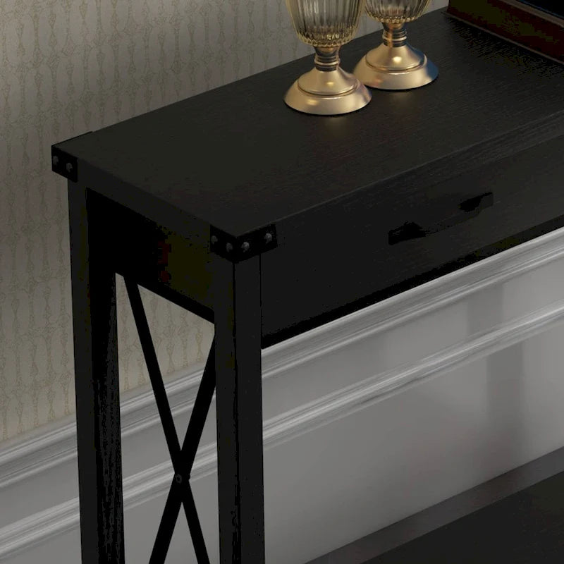 Narrow Console Table with 2 Drawers - Distressed Black