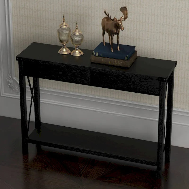 Narrow Console Table with 2 Drawers - Distressed Black