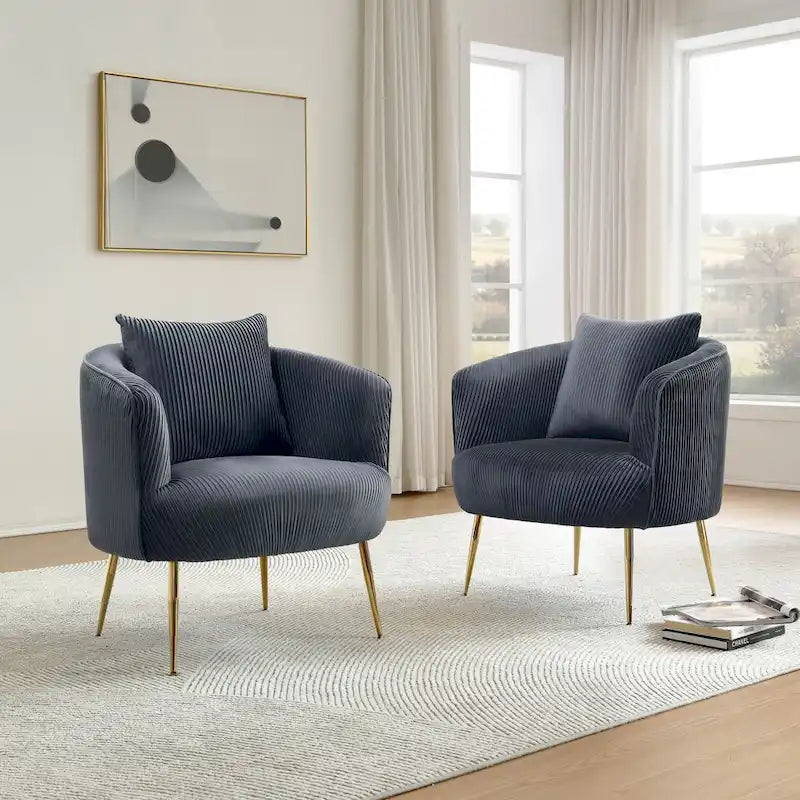 Velvet Barrel Accent Chairs with Golden Legs Set of 2