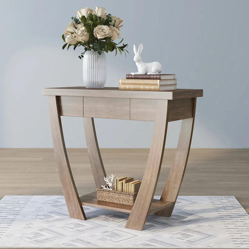 Curved Entryway Storage Console Table - Light Oak/Cappuccino/Black