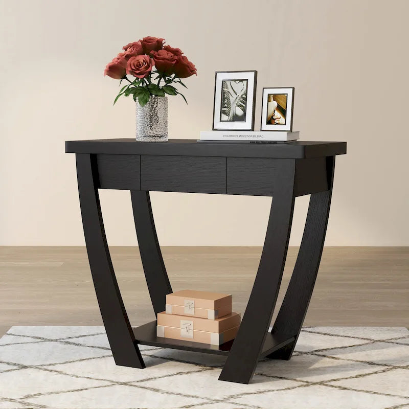 Curved Entryway Storage Console Table - Light Oak/Cappuccino/Black