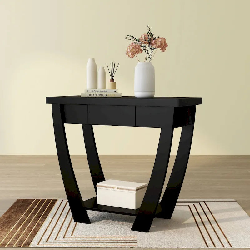 Curved Entryway Storage Console Table - Light Oak/Cappuccino/Black