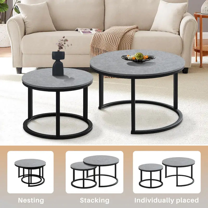 Round Nesting Coffee Table Set - 2 Pieces - Black/White/Grey Options