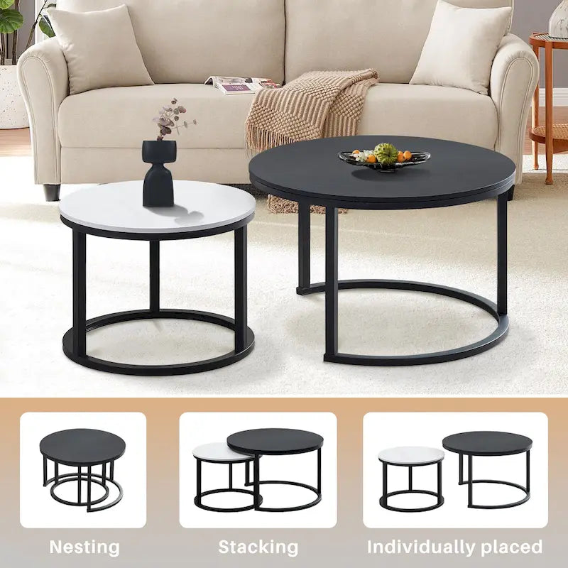 Round Nesting Coffee Table Set - 2 Pieces - Black/White/Grey Options
