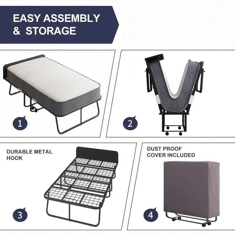 Folding Bed with Mattress and Wheels