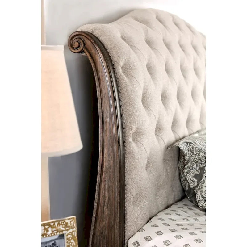 Beige Tufted Sleigh Bed - Rustic Fabric Upholstered Frame