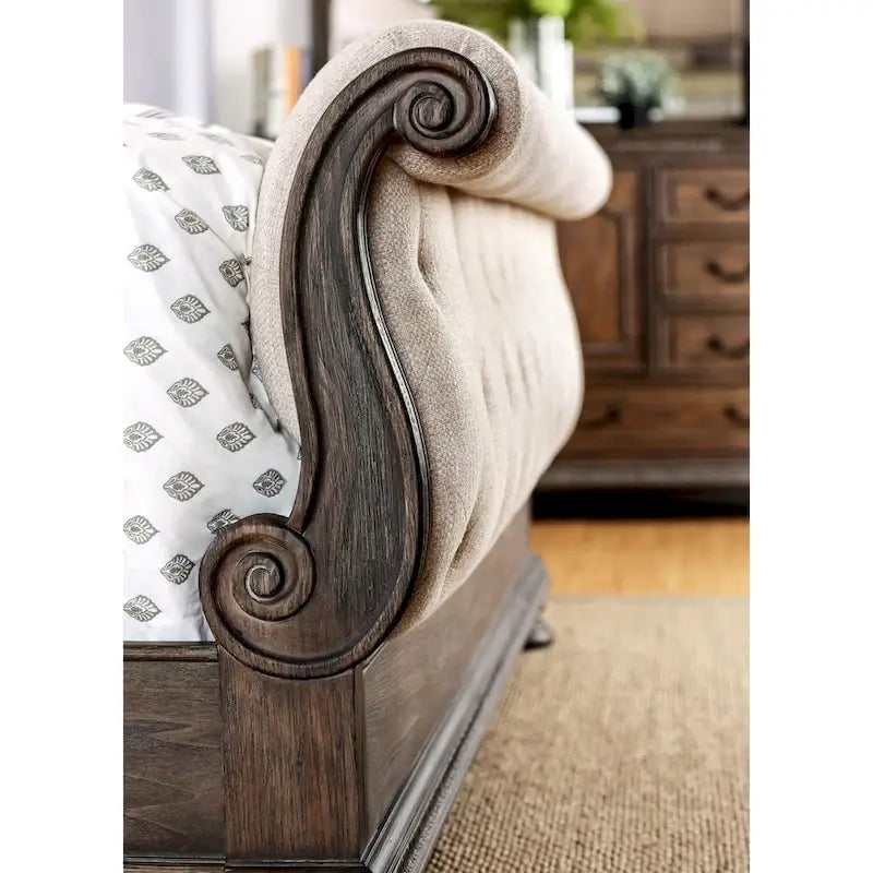 Beige Tufted Sleigh Bed - Rustic Fabric Upholstered Frame