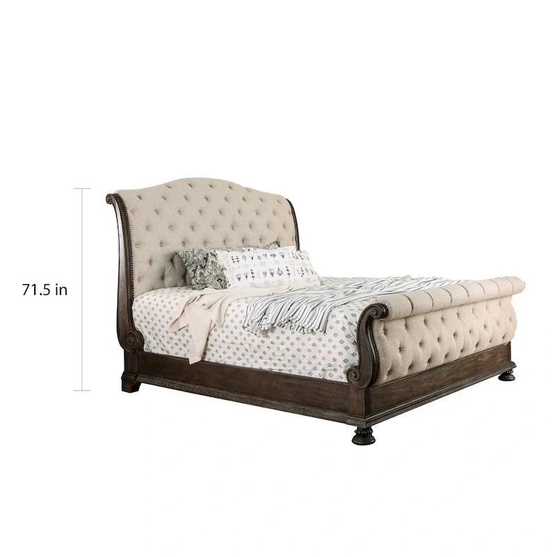 Beige Tufted Sleigh Bed - Rustic Fabric Upholstered Frame