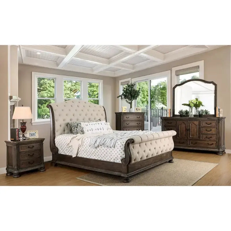 Beige Tufted Sleigh Bed - Rustic Fabric Upholstered Frame