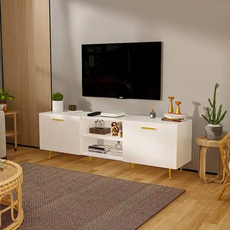 Black TV Stand with Gold Legs - 2 Door Storage for Living Room