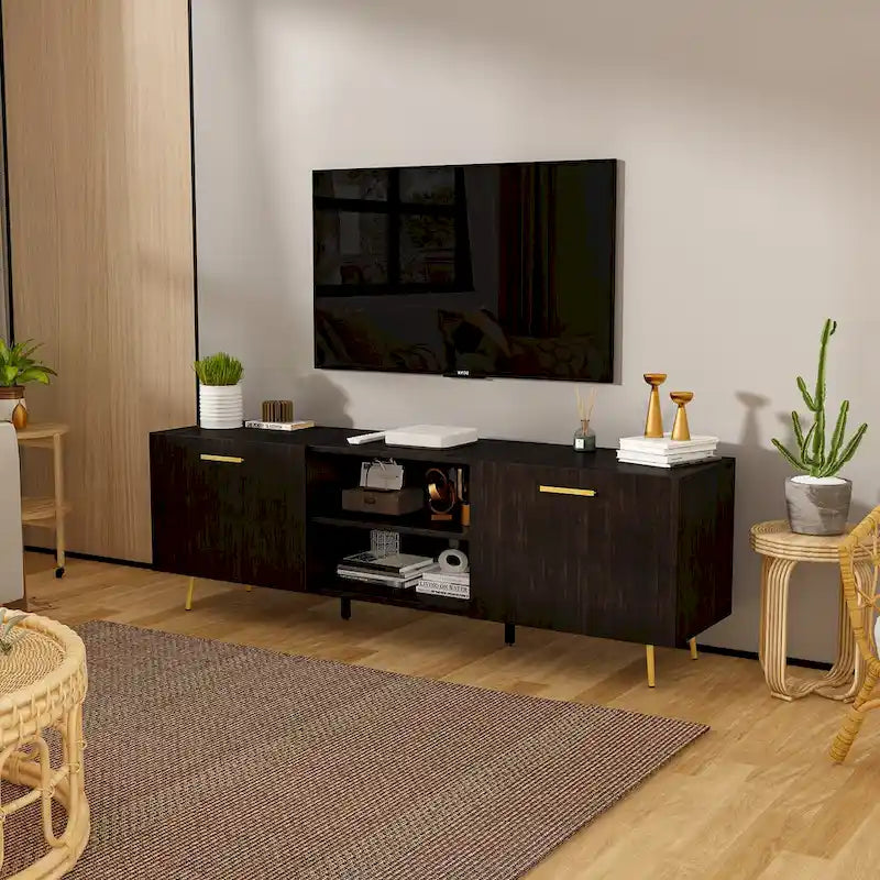 Black TV Stand with Gold Legs - 2 Door Storage for Living Room