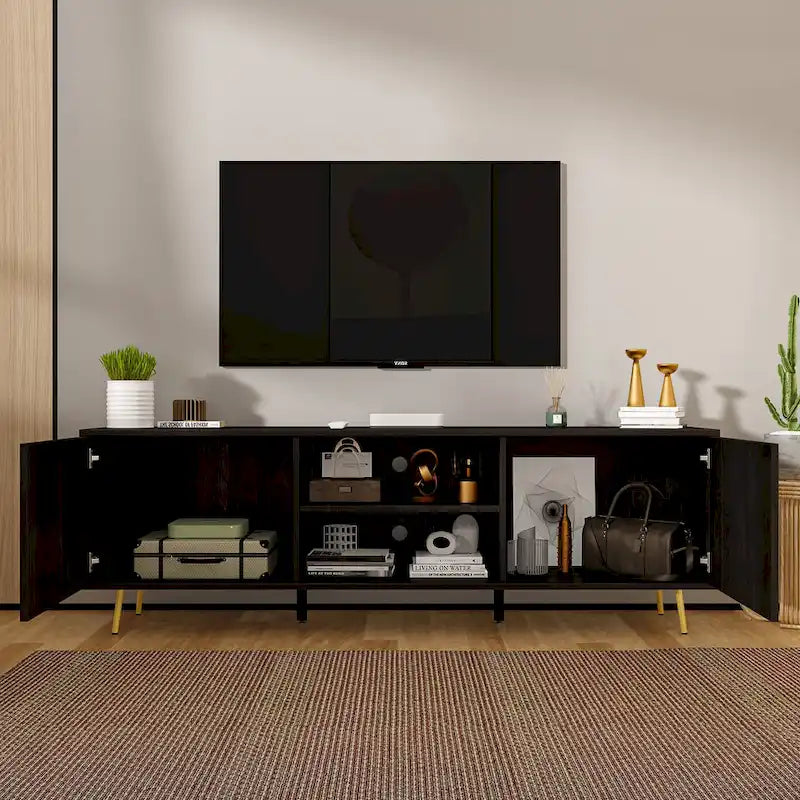 Black TV Stand with Gold Legs - 2 Door Storage for Living Room