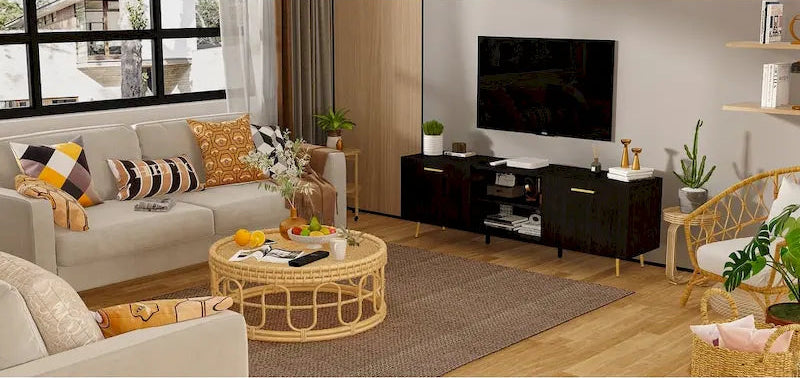Black TV Stand with Gold Legs - 2 Door Storage for Living Room