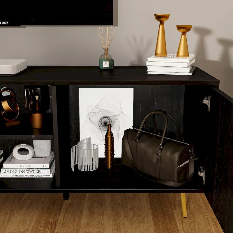Black TV Stand with Gold Legs - 2 Door Storage for Living Room