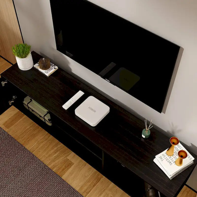 Black TV Stand with Gold Legs - 2 Door Storage for Living Room