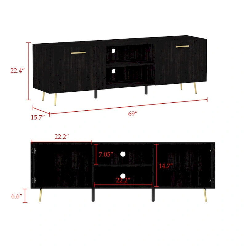 Black TV Stand with Gold Legs - 2 Door Storage for Living Room