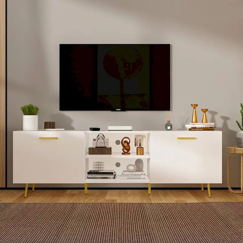 Black TV Stand with Gold Legs - 2 Door Storage for Living Room